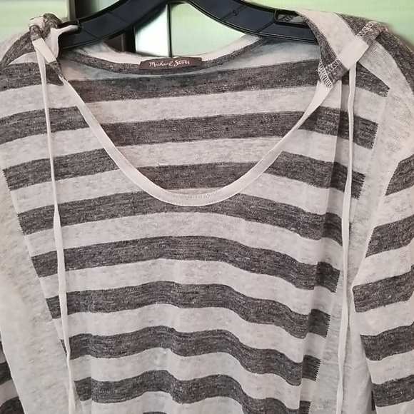 💕MICHAEL STARS💕 Linen-Knit Stripe-Hooded Pullover Grey White Striped Pattern - Picture 6 of 9